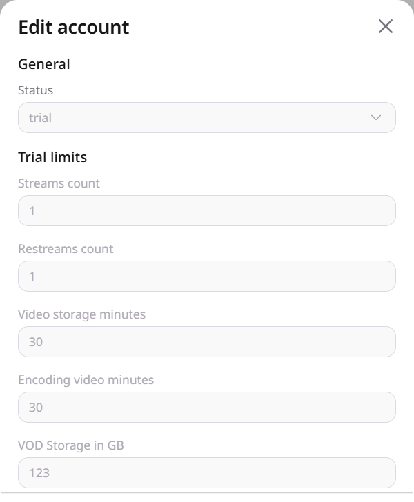 Status and trial limits in Edit account
