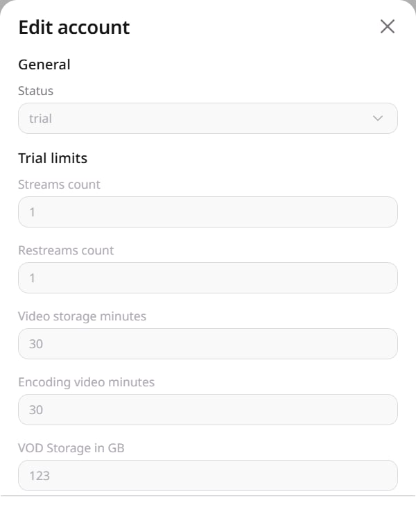 Status and trial limits in Edit account