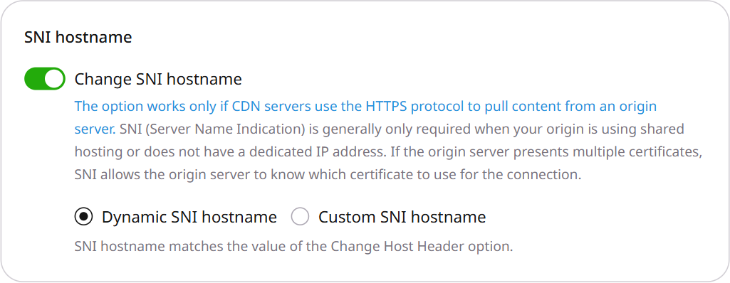 SNI hostname settings with dynamic and custom hostname options