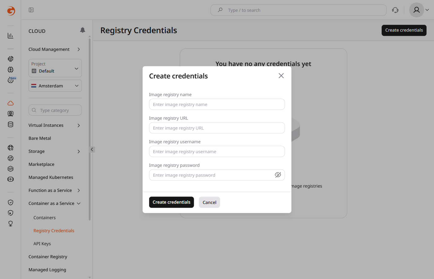 Create credentials dialog with registry name, URL, username, and password fields