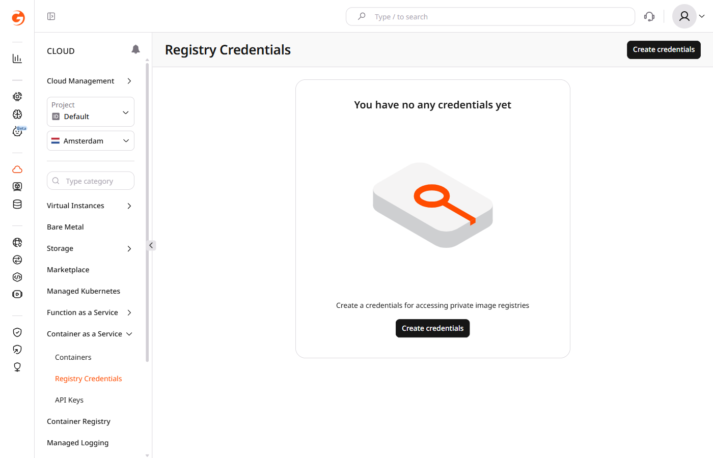 Registry Credentials list page