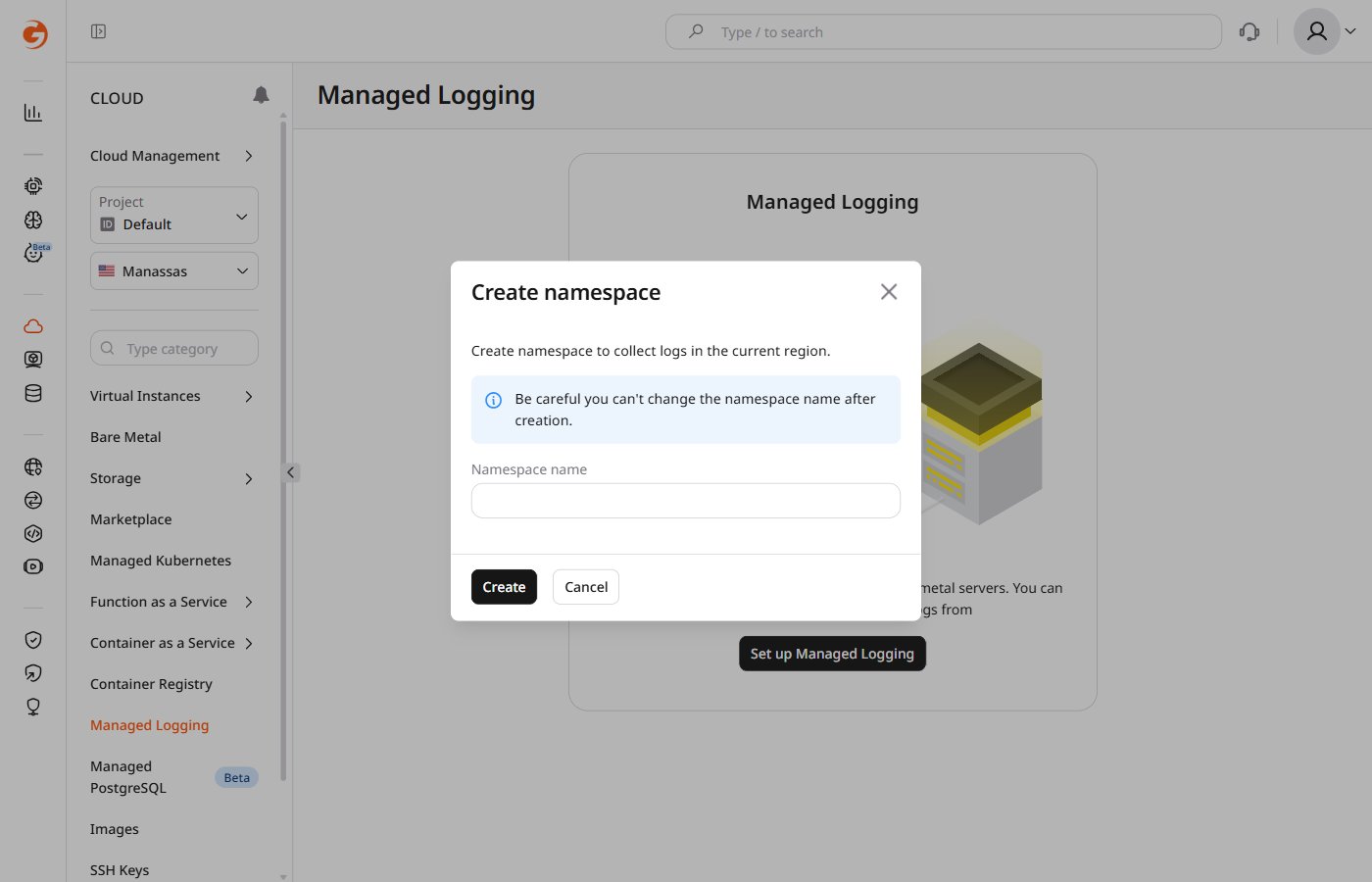 Create namespace dialog