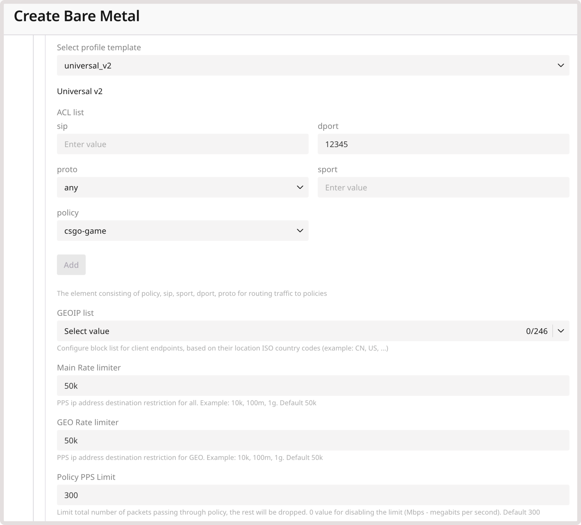 DDoS profile for Bare Metal
