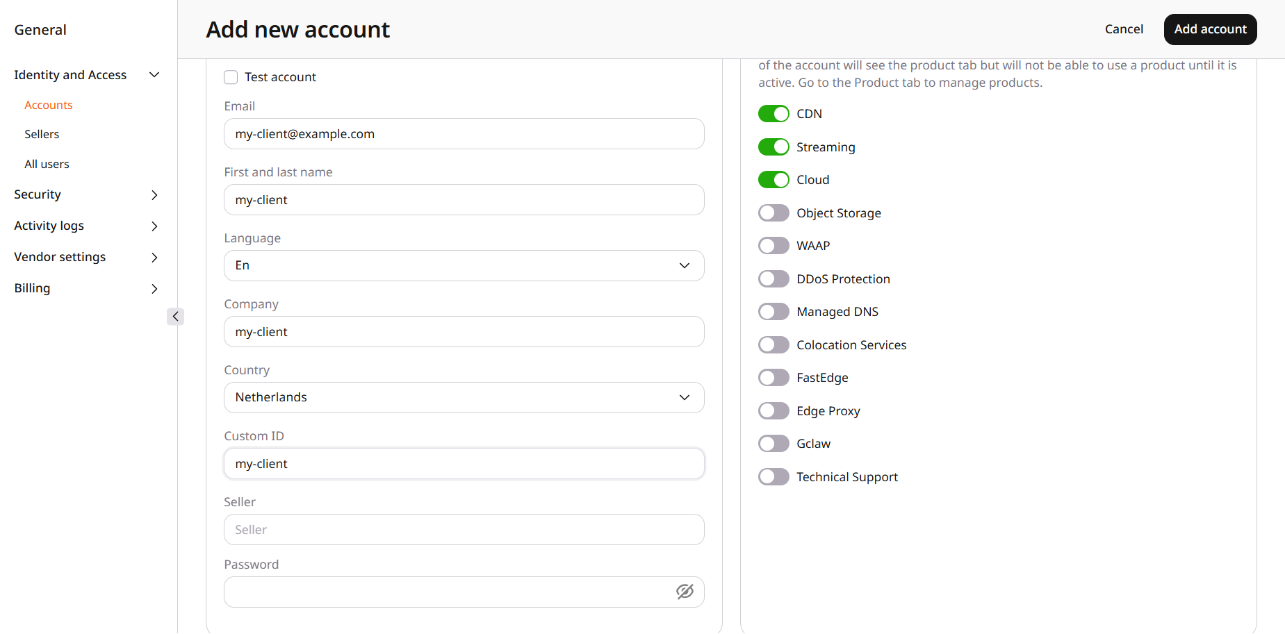 Add new account form with sign-in details and product switches