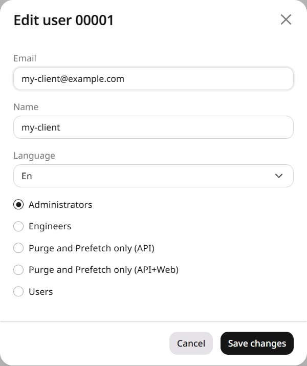Edit user dialog with email, name, language, and group