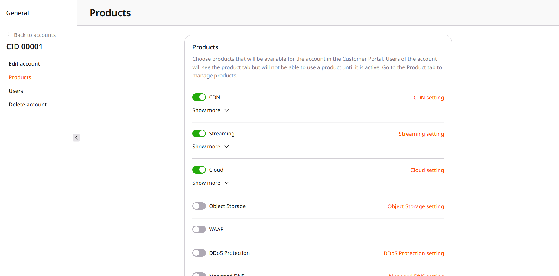 Products page with status New and CDN setting