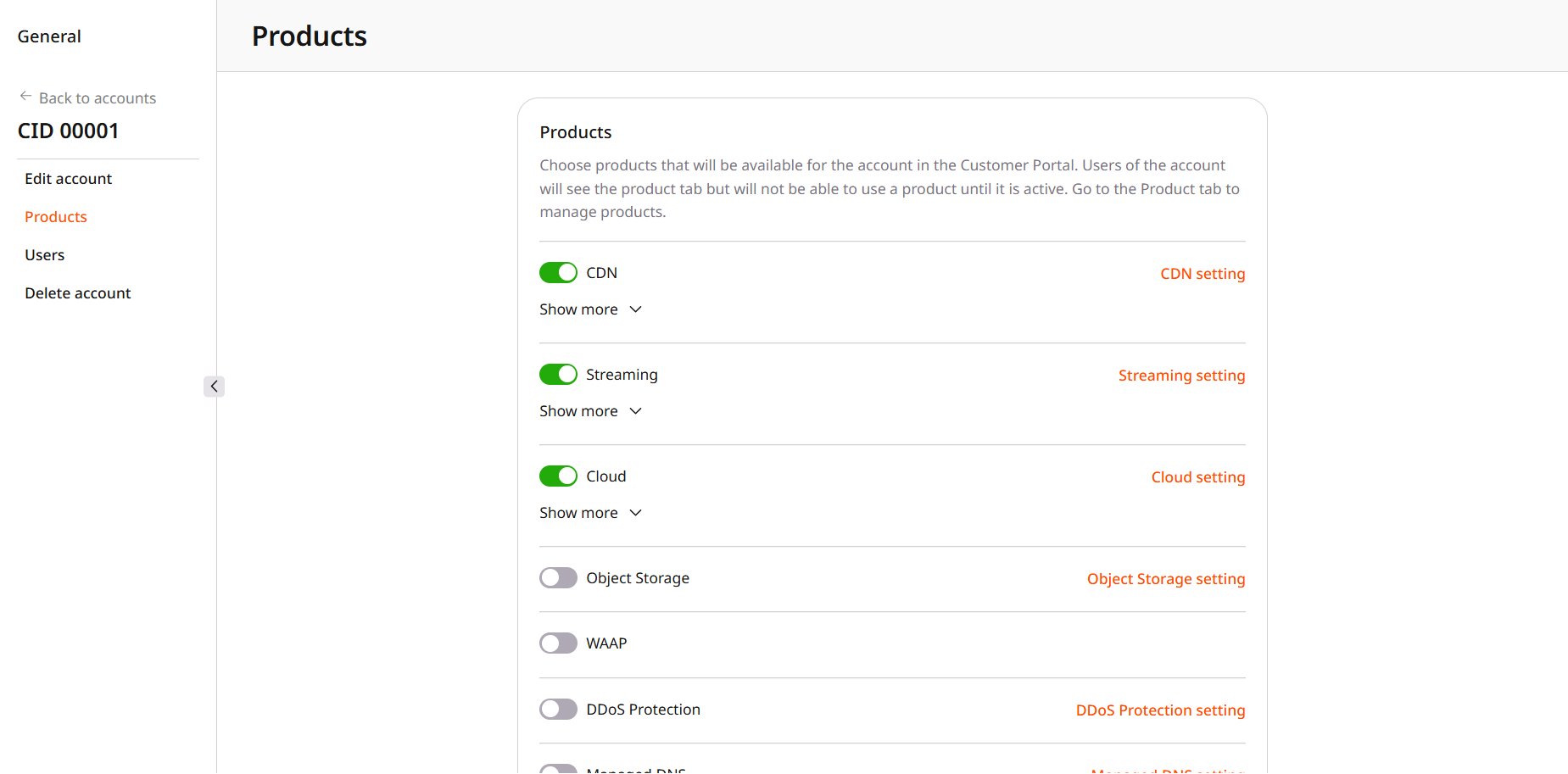 Products page with status New and CDN setting