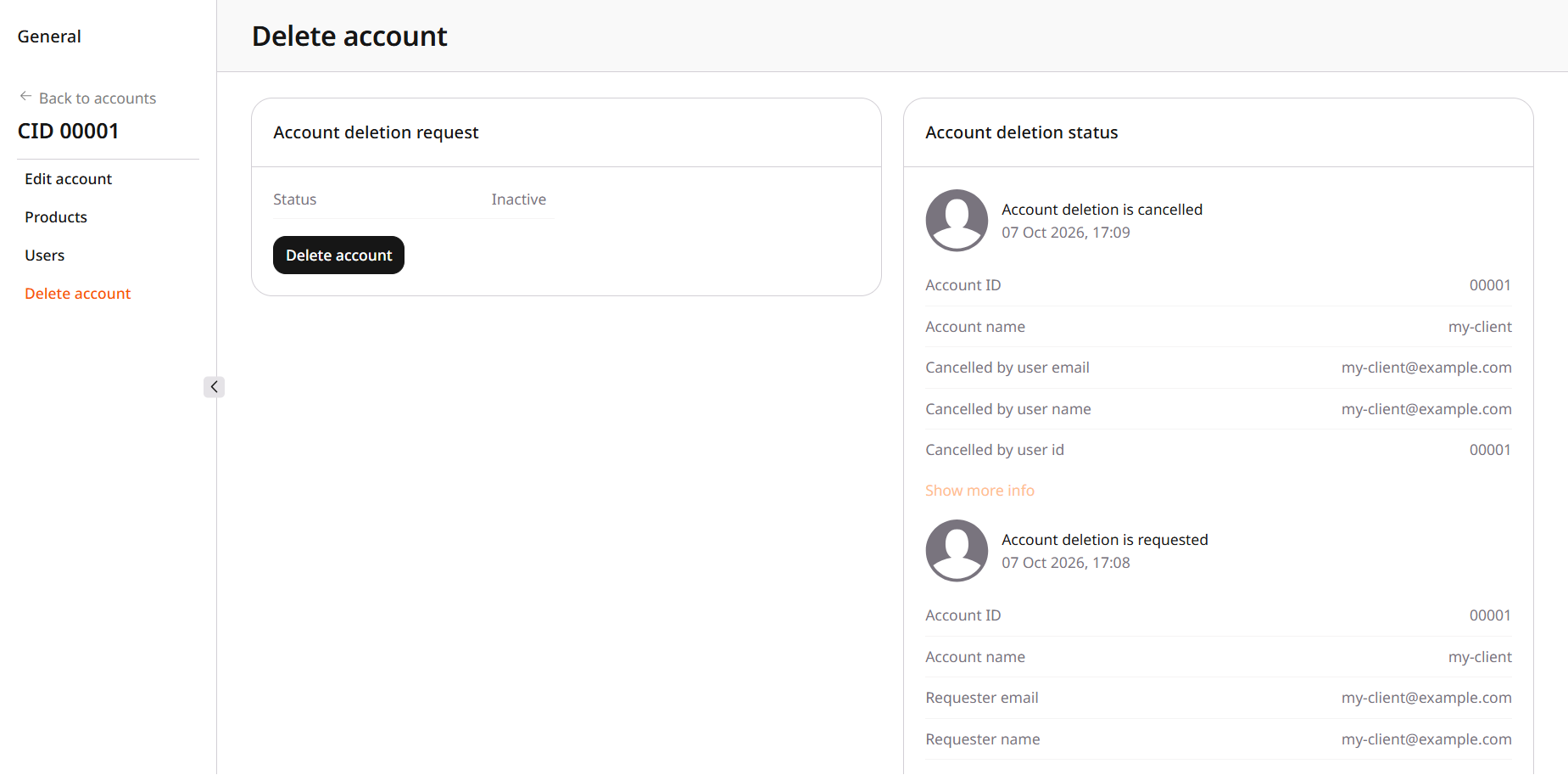 Delete account page with status Inactive