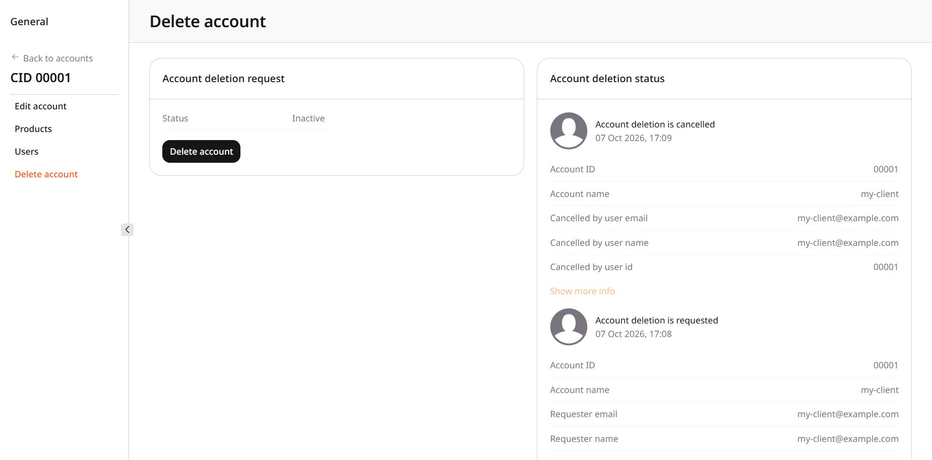 Delete account page with status Inactive