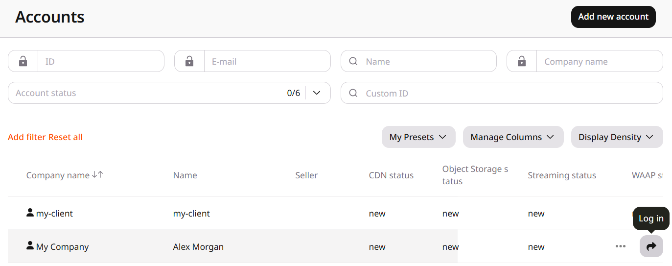 Accounts row with the Log in label on the arrow