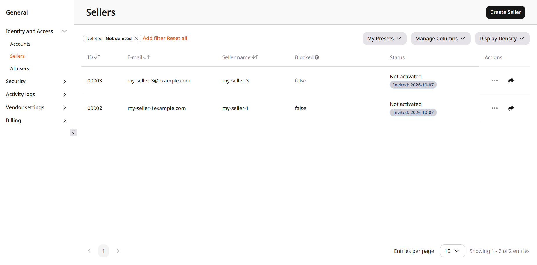 Sellers list with two sellers and Create Seller