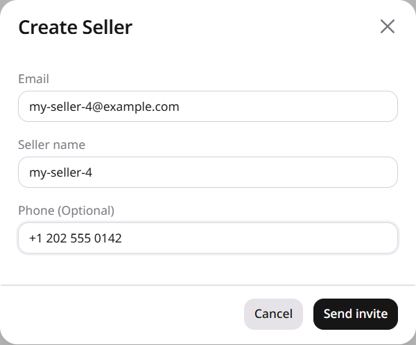 Create Seller dialog with email, seller name, and phone