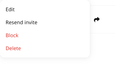 Seller row menu with Edit, Resend invite, Block, and Delete