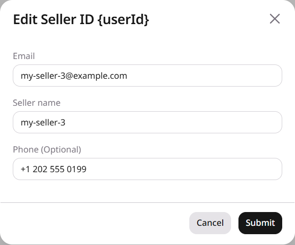 Edit seller dialog with email, seller name, and phone