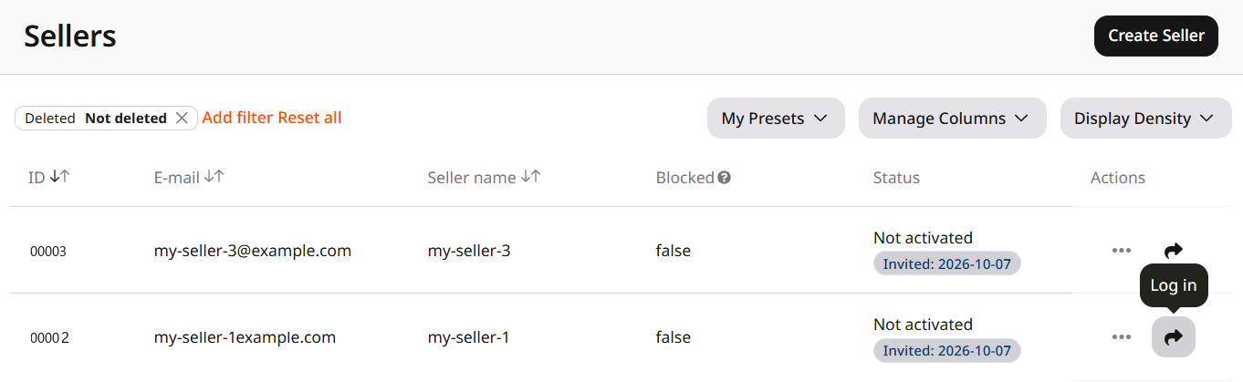 Sellers row with the Log in label on the arrow