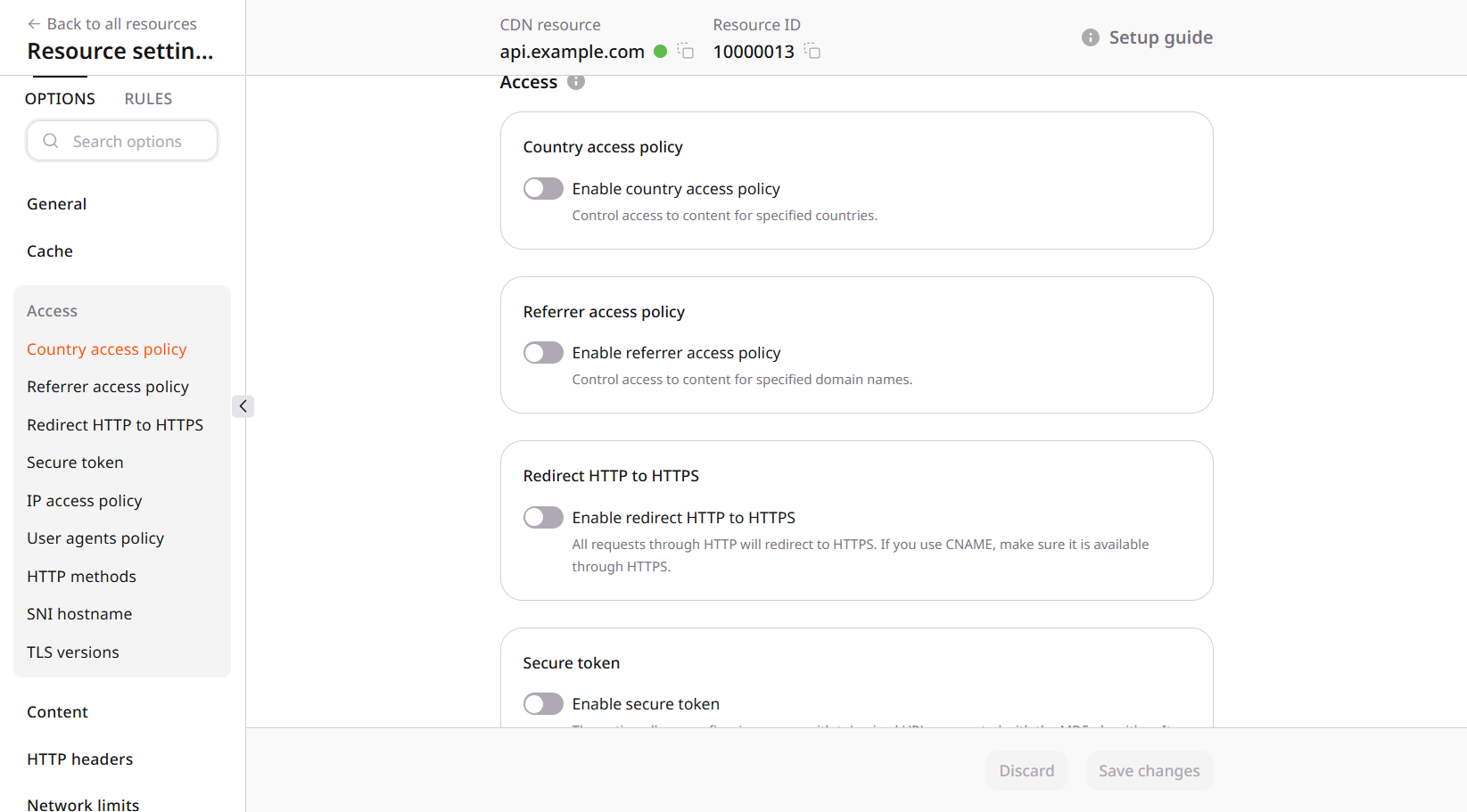 Country access policy, referrer access policy, and redirect from HTTP to HTTPS