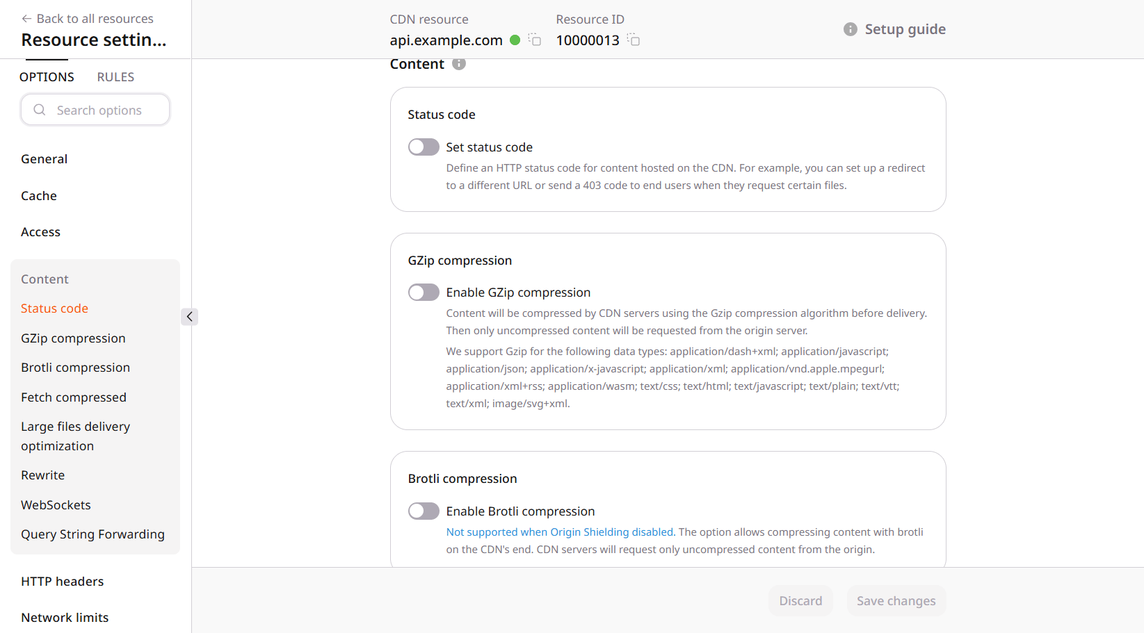Status code, Gzip compression, and Brotli compression