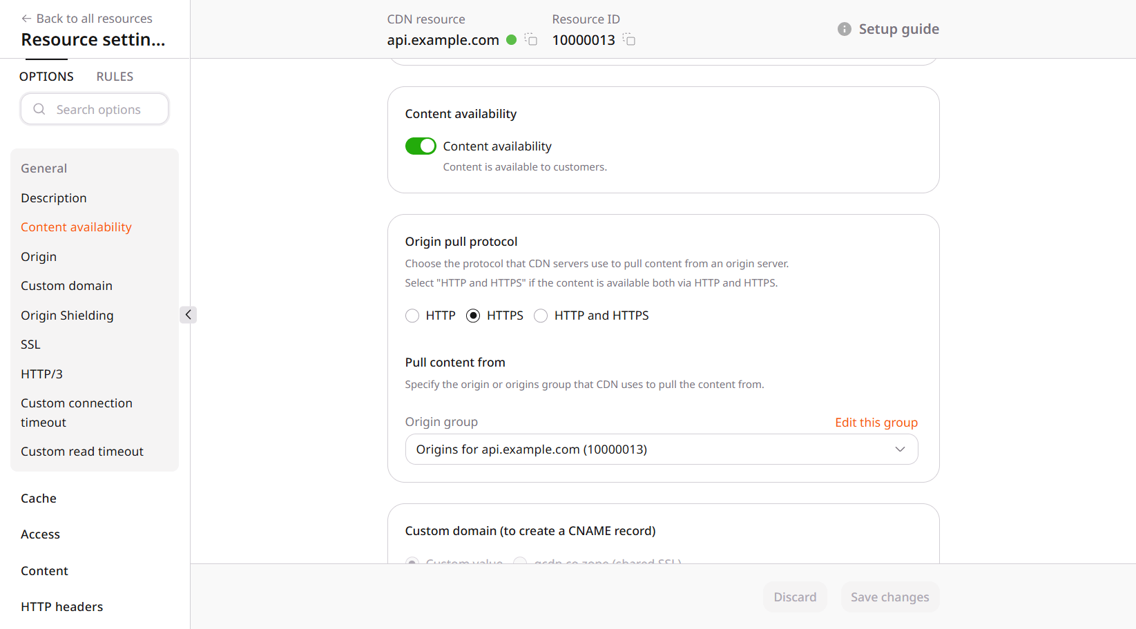 Content availability, origin pull protocol, and origin group