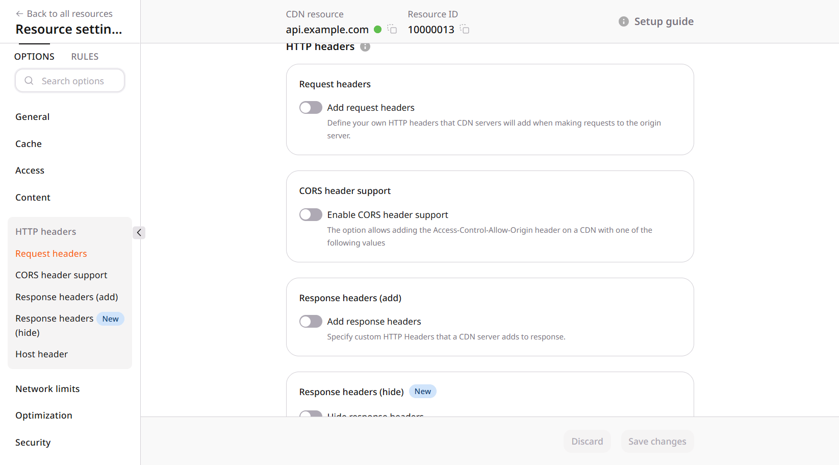 Request headers, CORS header support, and response headers