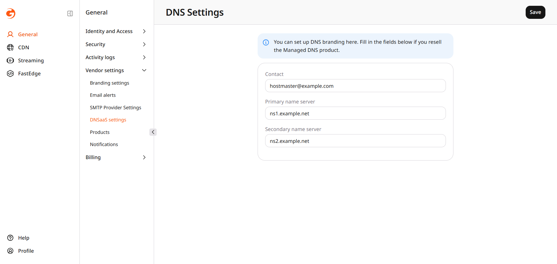 DNS Settings with a contact address and two name servers