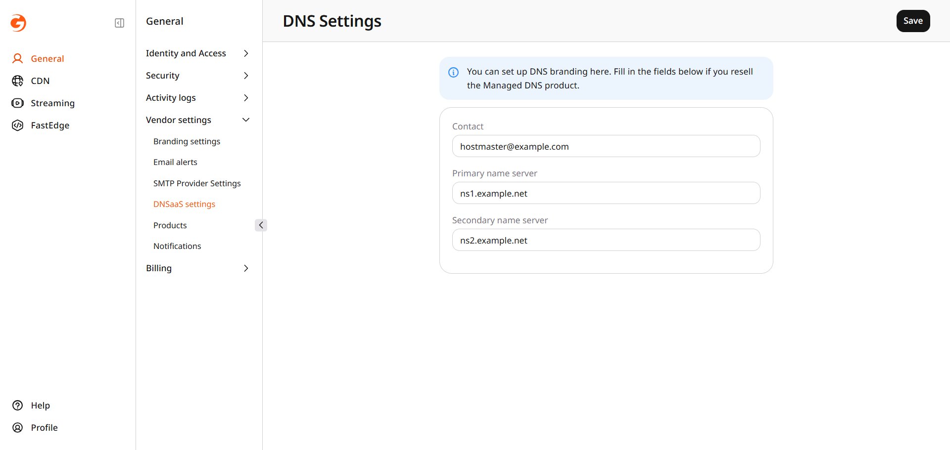 DNS Settings with a contact address and two name servers