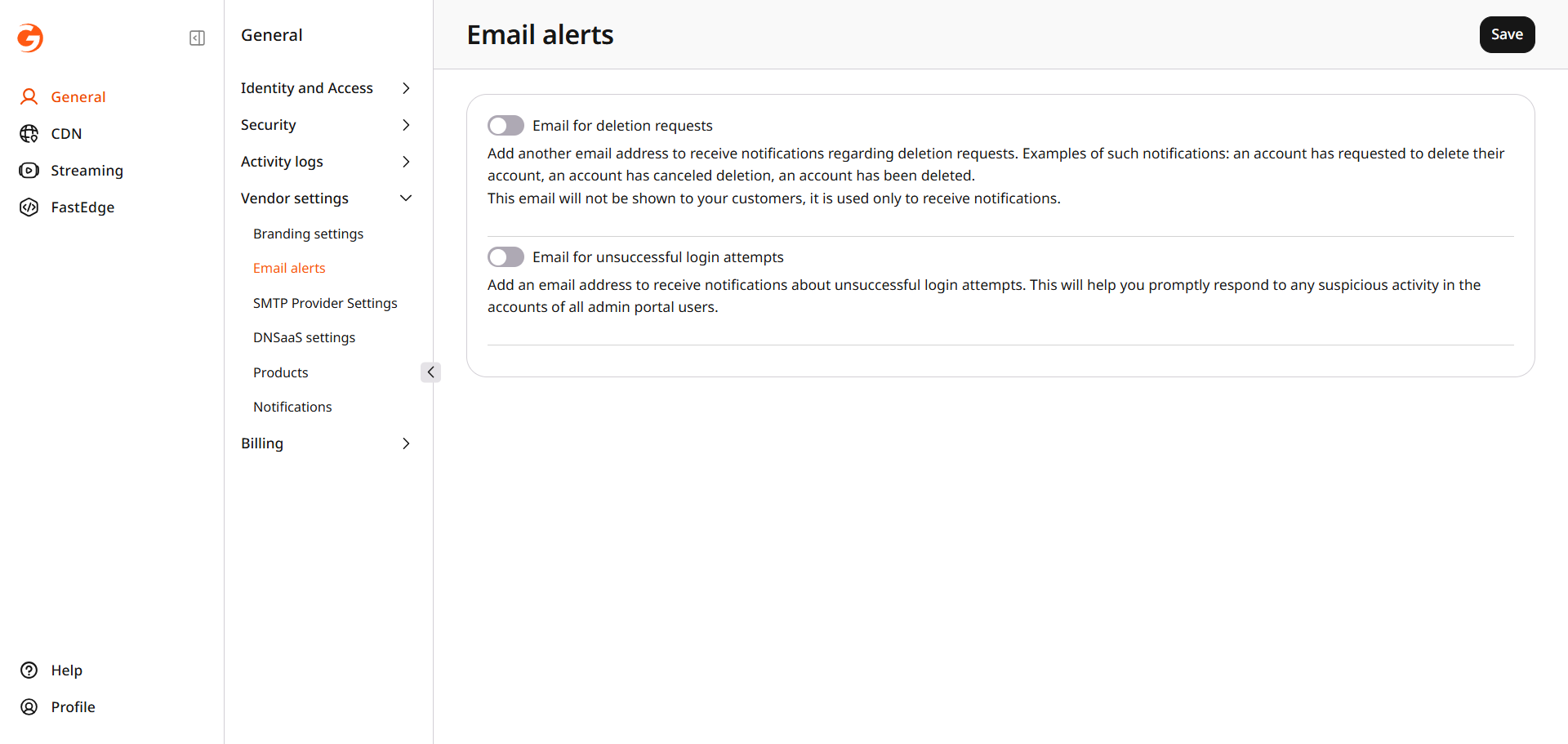 Email alerts for deletion requests and failed sign-ins