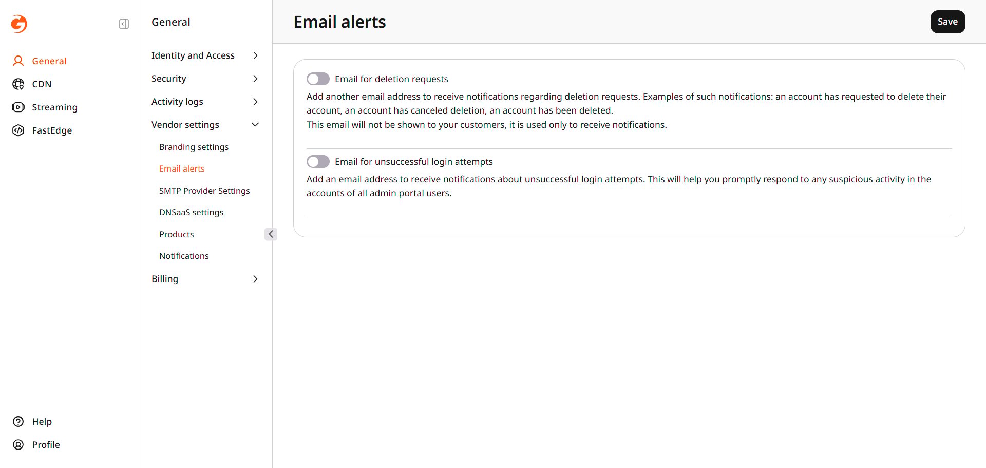 Email alerts for deletion requests and failed sign-ins