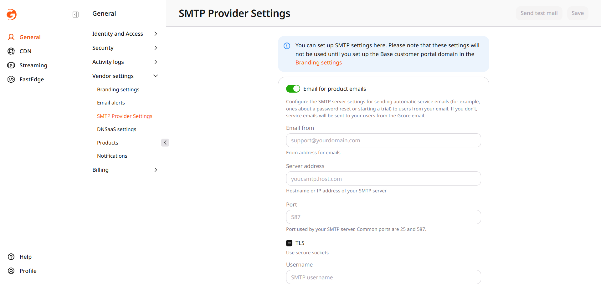 SMTP settings for product emails