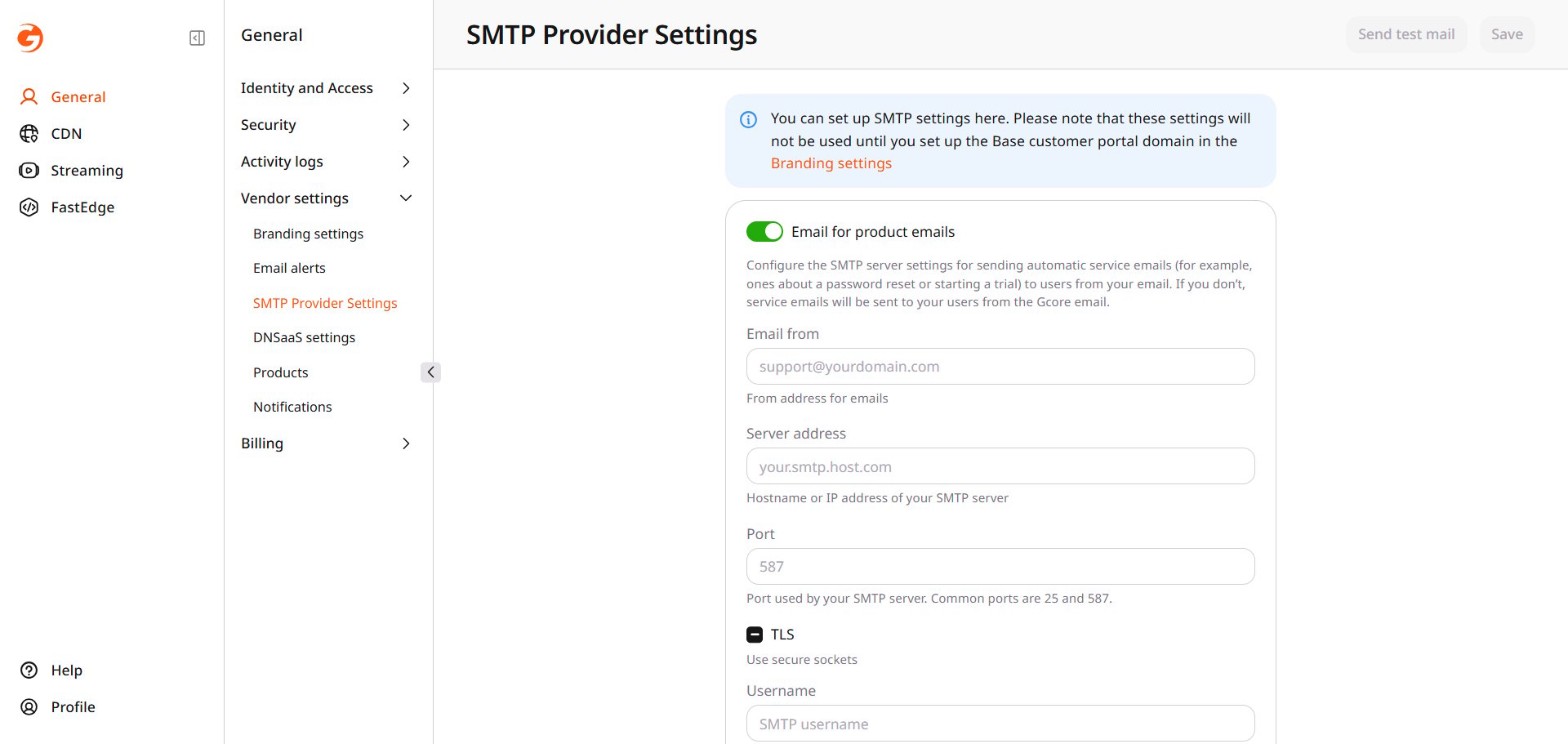 SMTP settings for product emails
