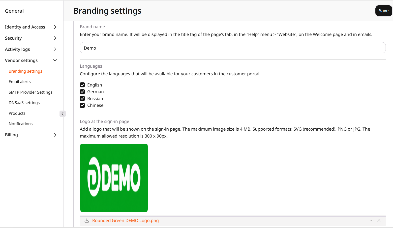 Vendor settings menu with Branding settings selected