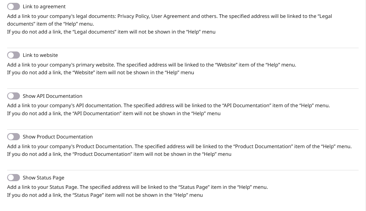 Help link options for agreement, website, API documentation, product documentation, and the status page