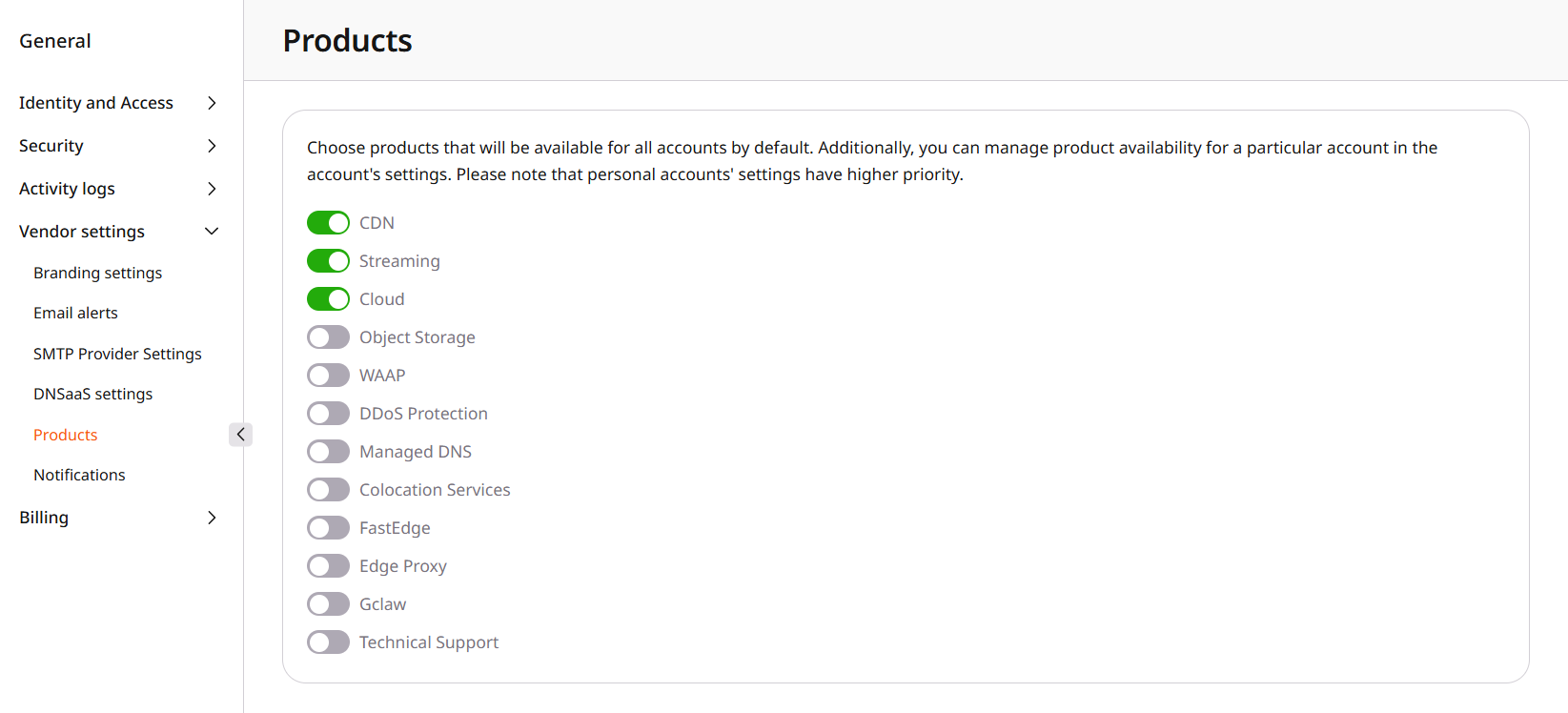 Product switches on the Products page