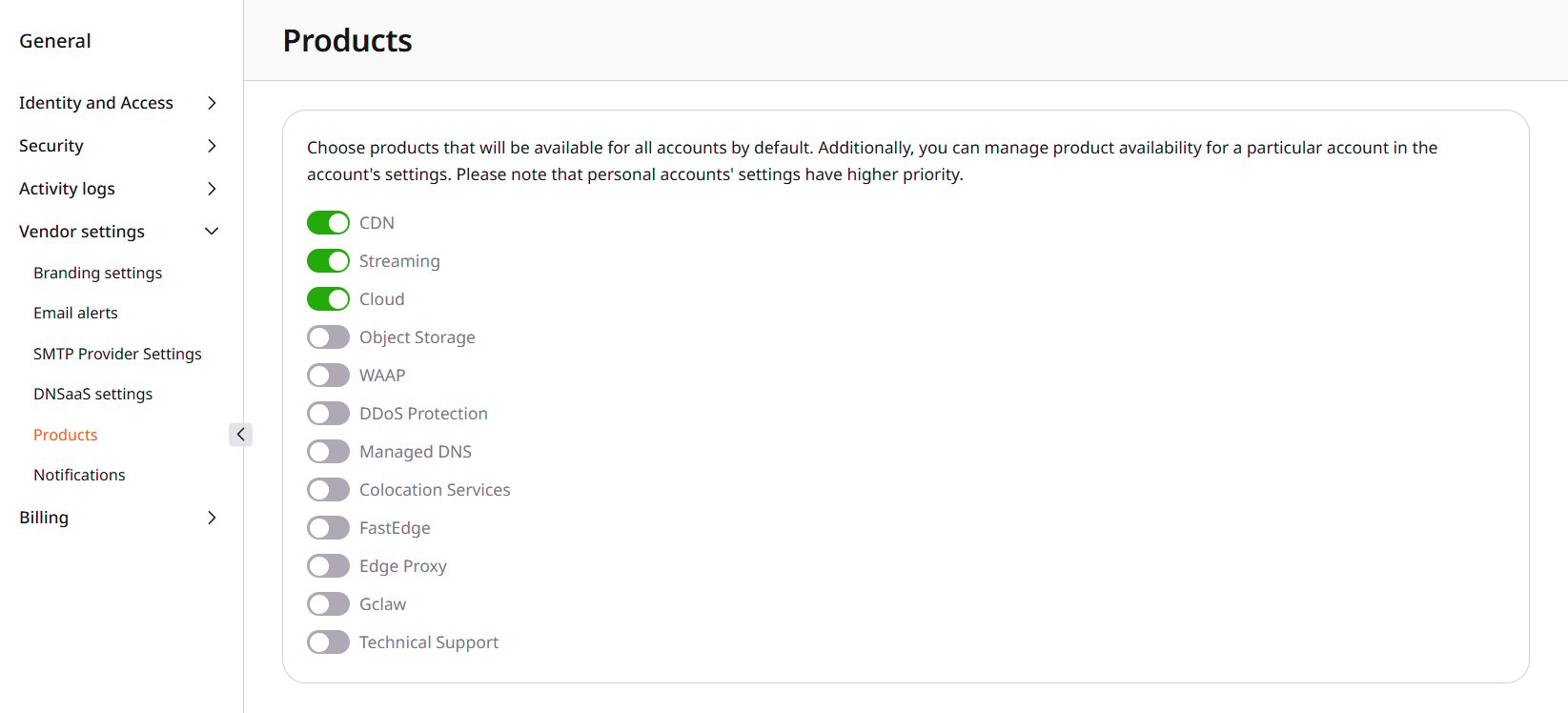 Product switches on the Products page