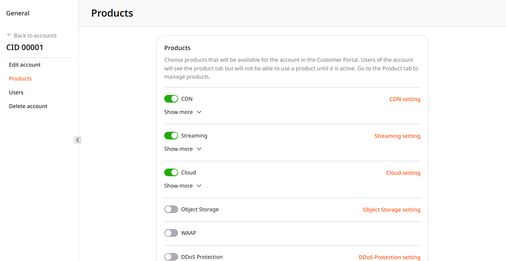 Product switches on an account Products page