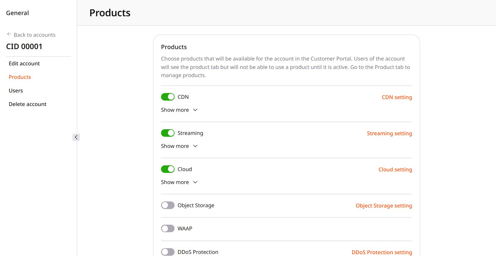 Product switches on an account Products page