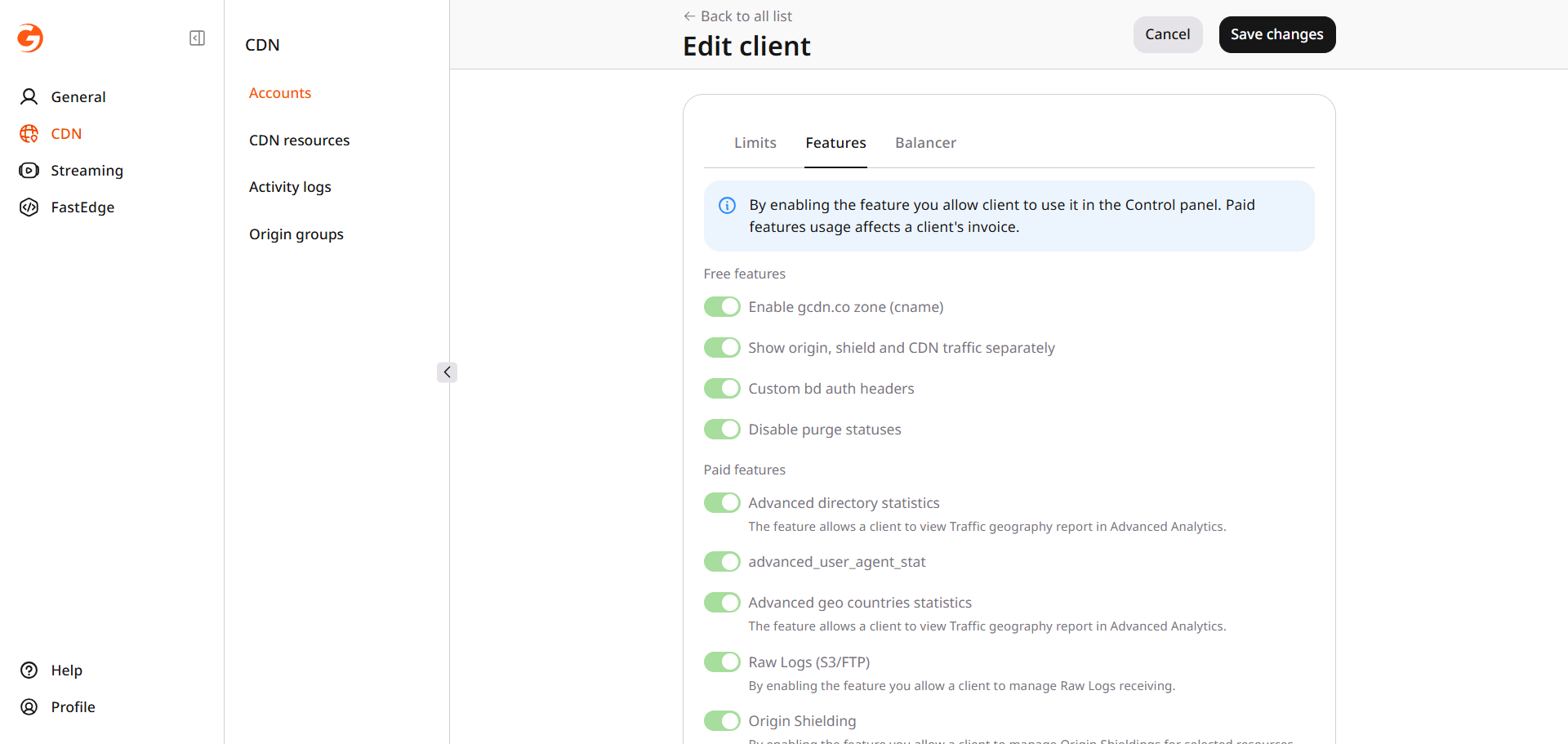 Features tab with the invoice note
