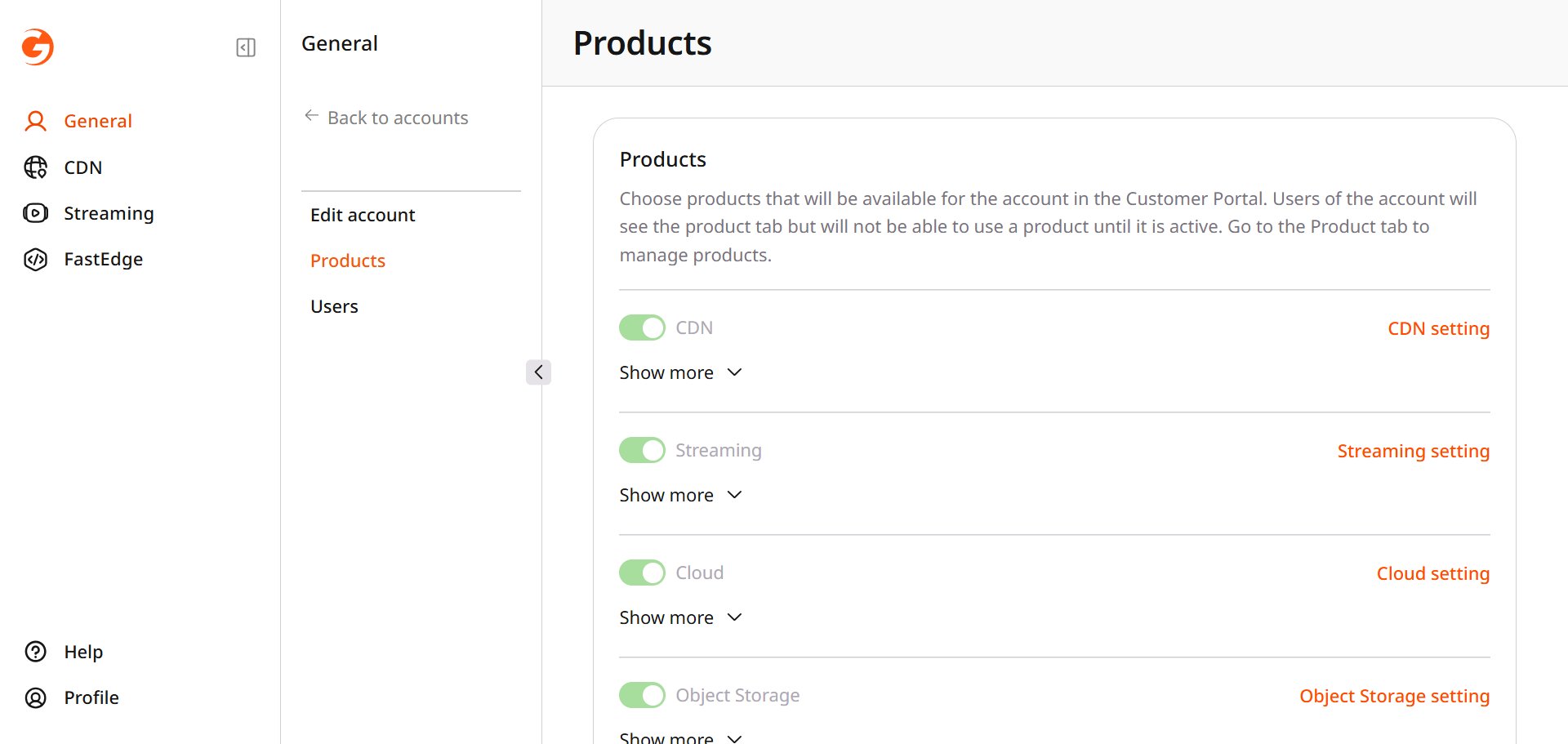 Products page on an account