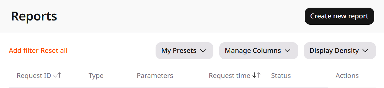 Reports page with the Create new report button