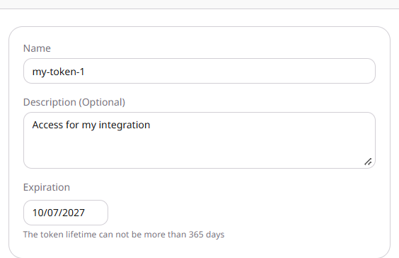 Name, description, and expiration on the create form