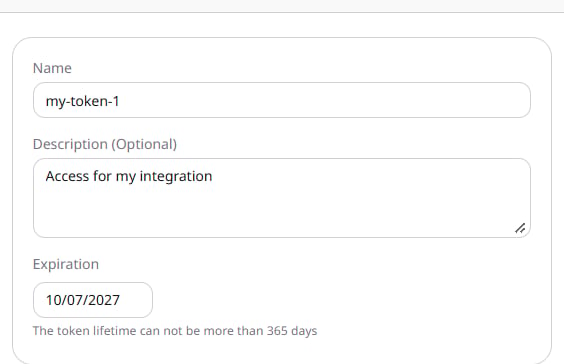 Name, description, and expiration on the create form