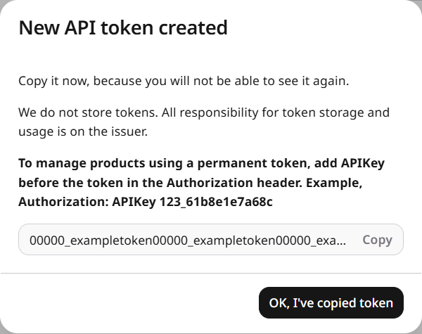 New API token dialog with Copy and the token value