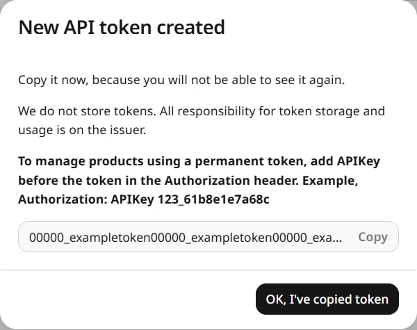 New API token dialog with Copy and the token value