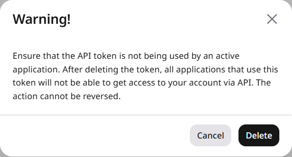 Warning before deleting an API token