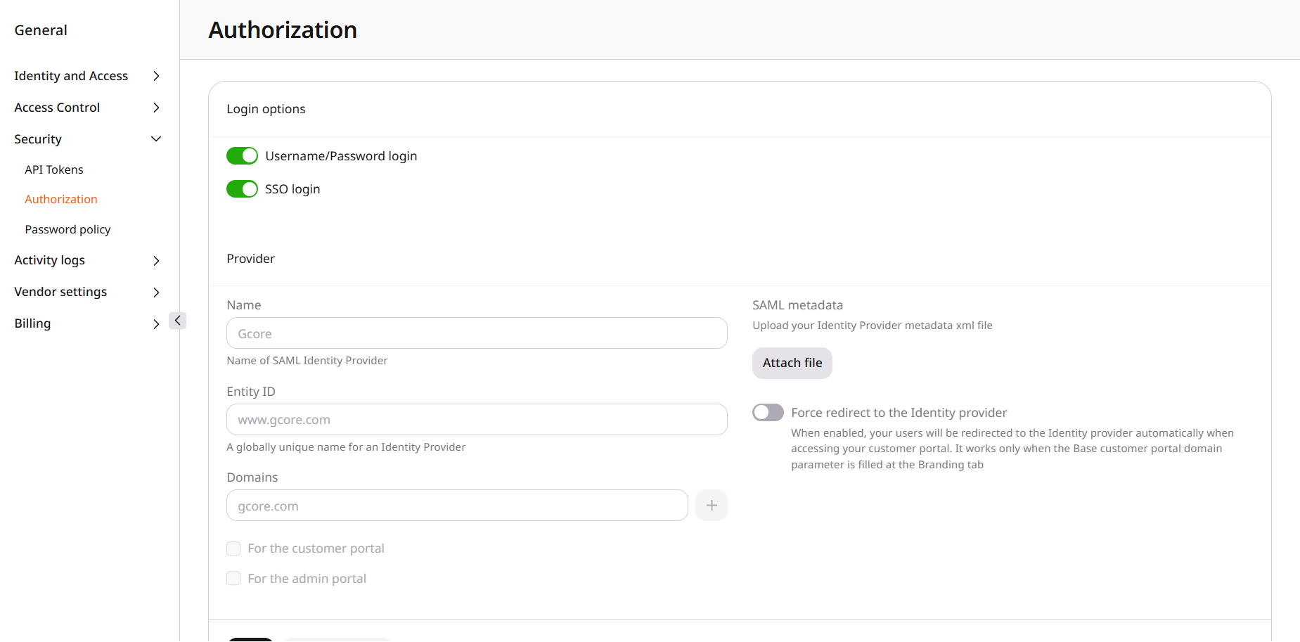 Authorization with SSO login on and the provider form open