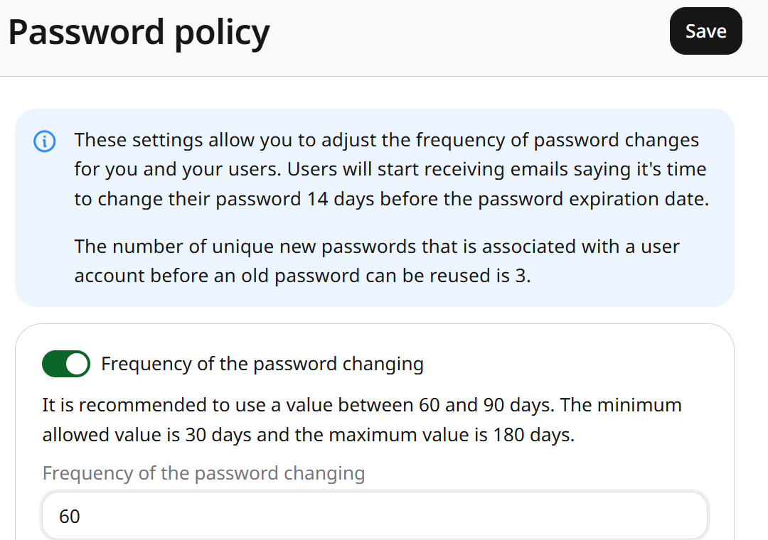 Frequency of password changes set to 60 days