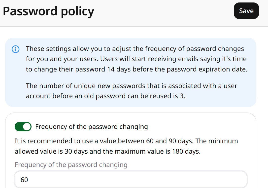 Frequency of password changes set to 60 days