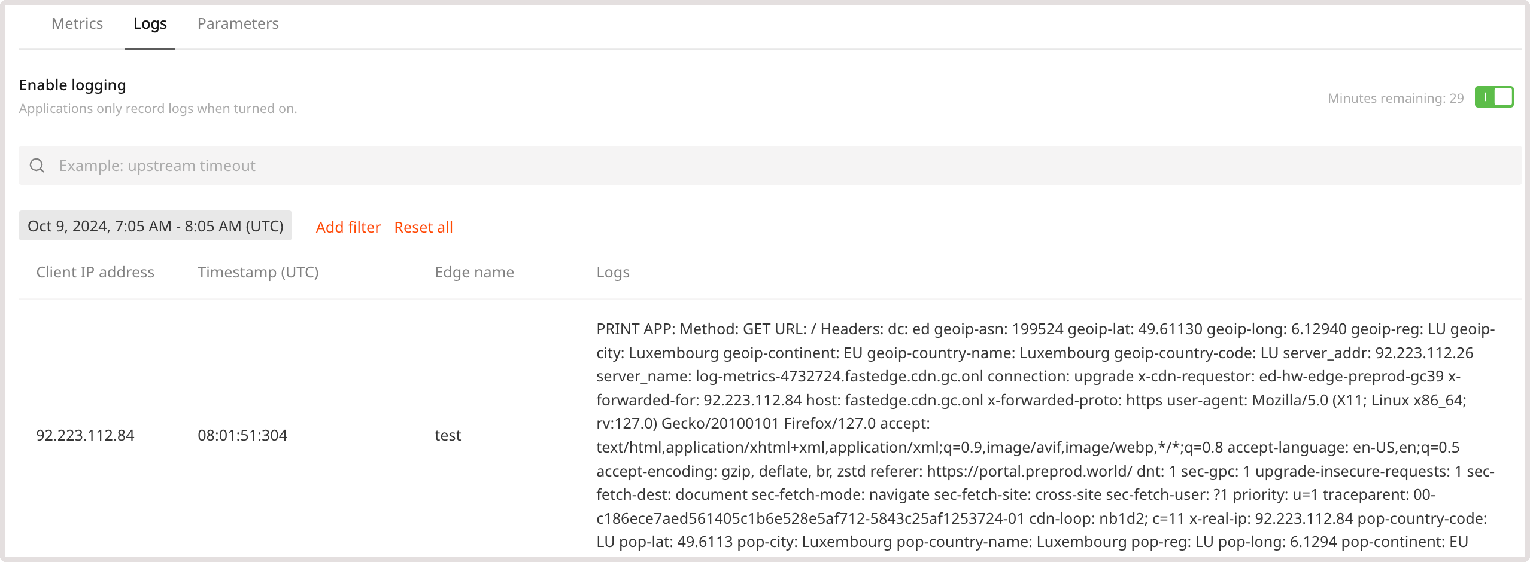 FastEdge appl page with logging tab open