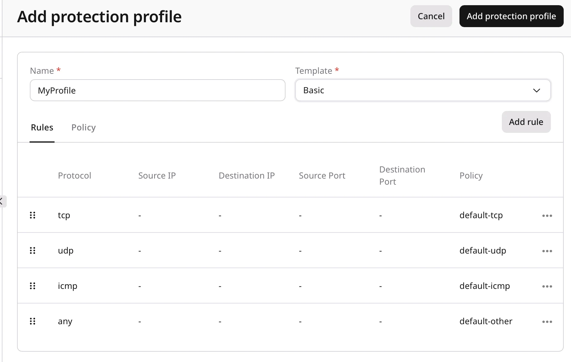 Protection profiles rules and policies