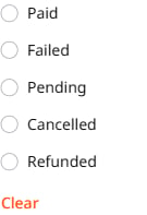 Status filter with Paid, Failed, Pending, Cancelled, and Refunded