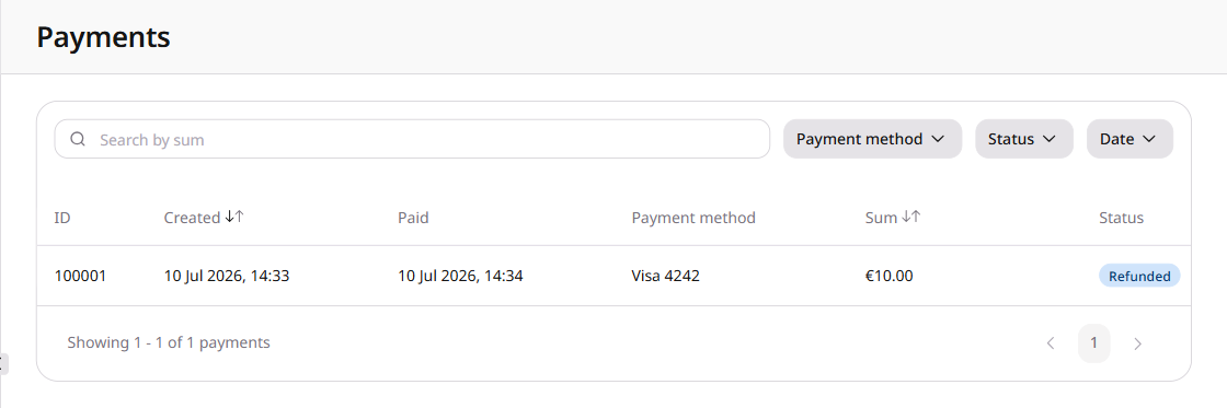 Payments page in the account settings